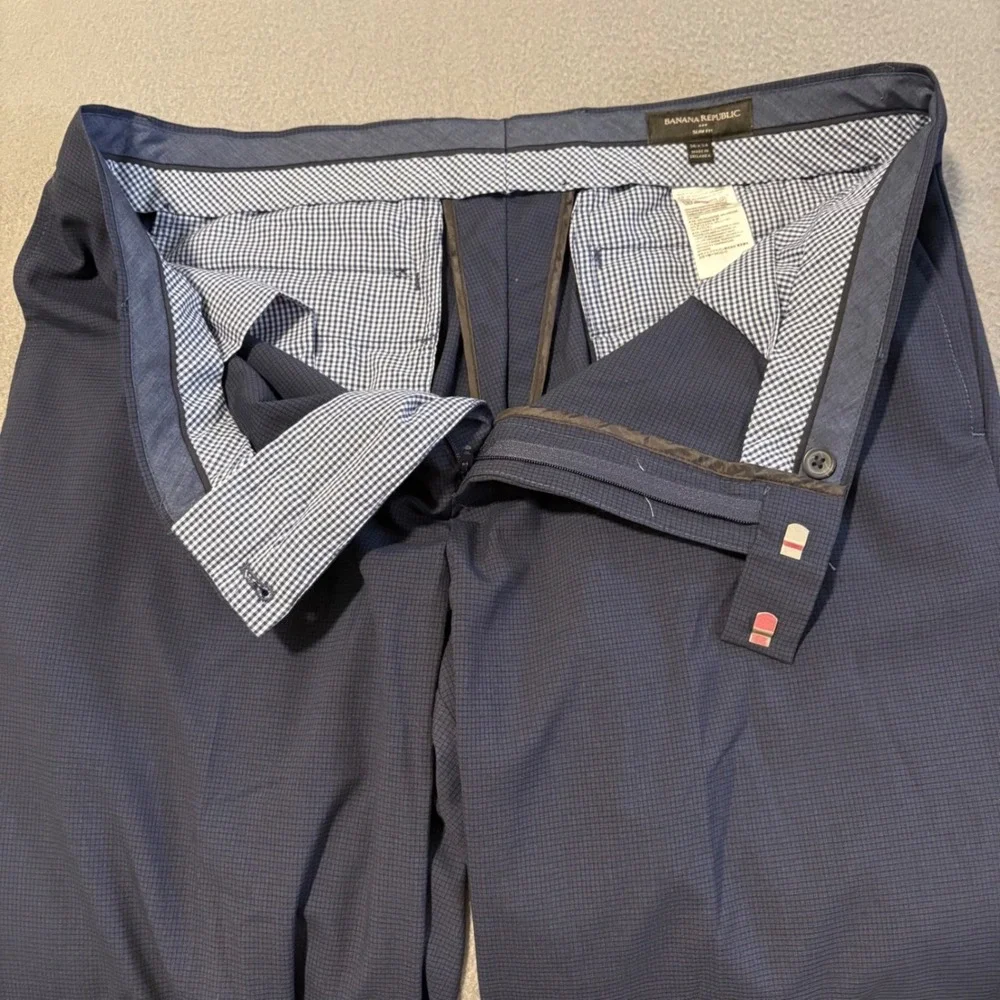 Banana Republic Dress Pants Mens Fits 38x34 Navy Slim Fit Micro Check Trousers